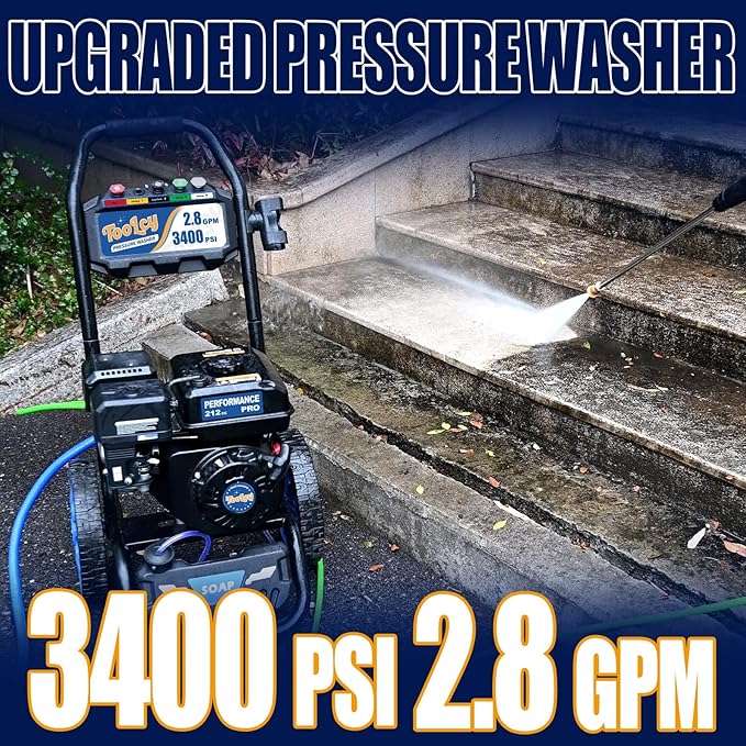 TOOLCY 3400 PSI Gas Pressure Washer, 2.8 GPM Gas Powered Power Washer with Soap Tank, Reinforced Pump & 212cc OHV Engine, 35 FT Pressure Hose, Quick Connect Swivel Pressure Gun, 5 Nozzles for Homes