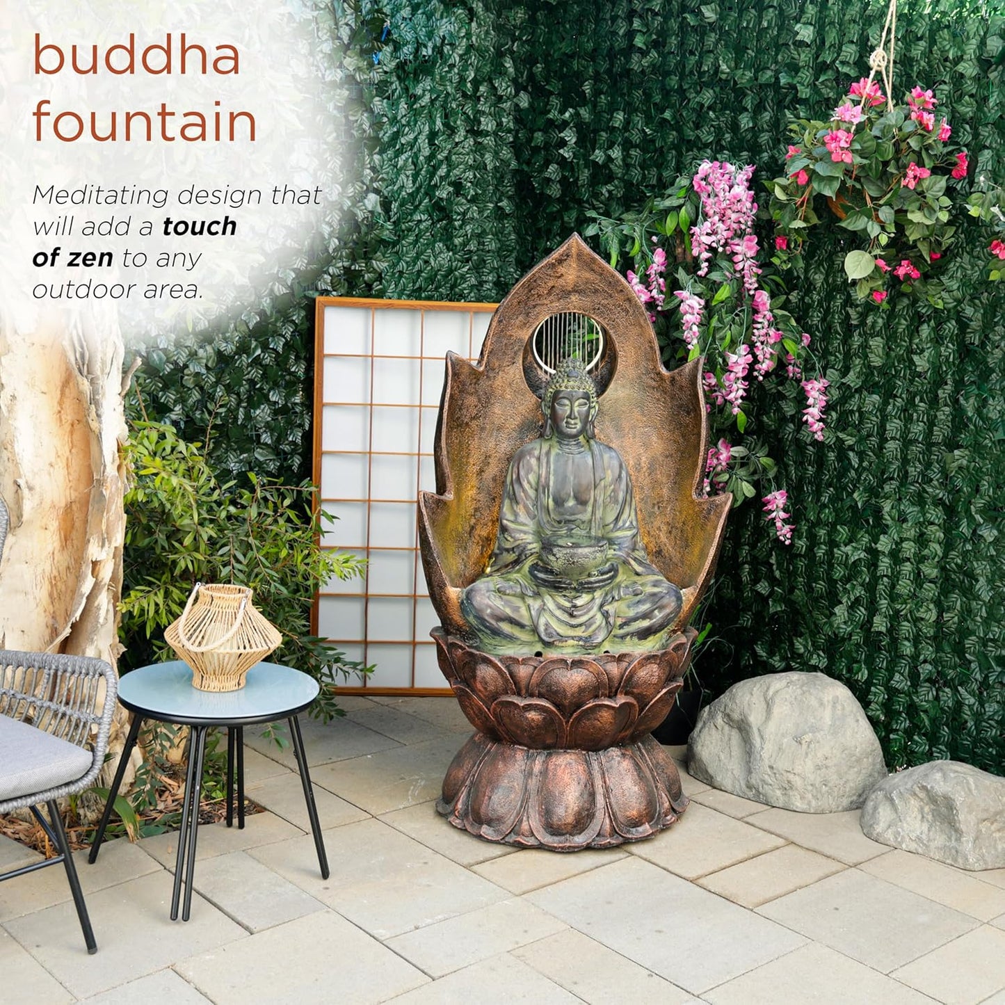 Alpine Corporation TZL420 59" Outdoor Buddha Fountain with LED Lights, Elegant Water Feature for Garden, Patio, Yard & Outdoor Spaces, Realistic Stone Look, Calming Waterfall for Relaxation, Brown