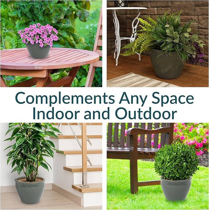 Sunnydaze Large Ceramic Plant Pot - Round Outdoor Glazed Ceramic Planter Pot with Drainage - Chalet - Gray - 14.5"