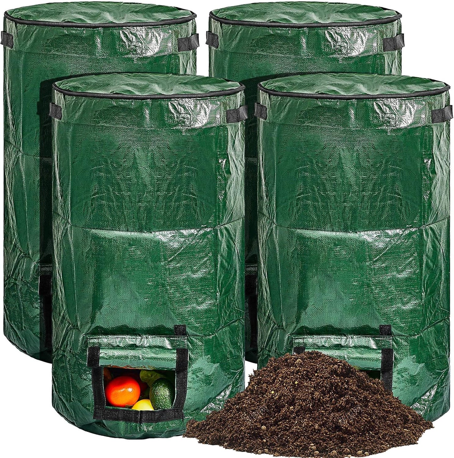 Ctosree 4 Pieces Compost Bin Bags Large 34 Gallon Reusable Yard Waste Lawn Bags Heavy Duty Garden Composting Garbage Can Outdoor Container with Zipper Lid and Handles for Loading Leaf Trash