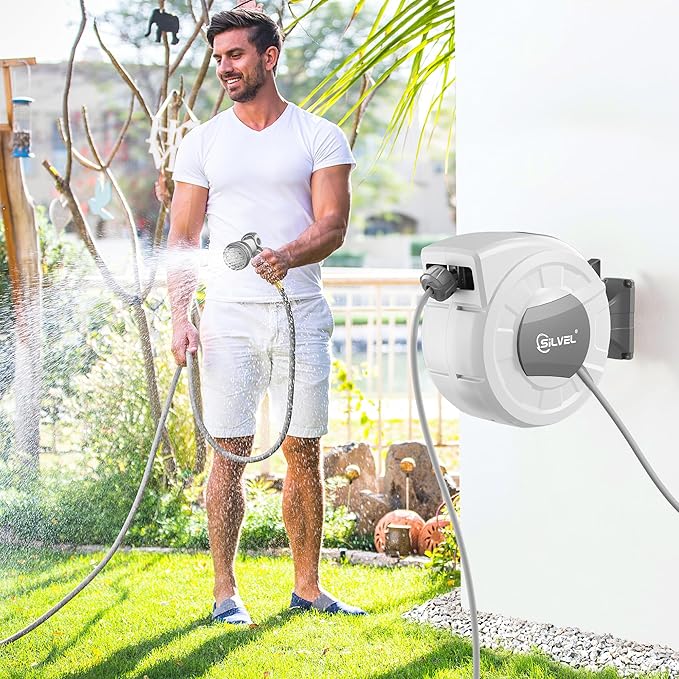 SILVEL 1/2 in x 130 FT Retractable Garden Hose Reel, Upgraded UV Resistant Heavy Duty Automatic Hose Reel Wall Mount with 10 Pattern Nozzle, Any Length Lock & Slow Return System, 180°Swivel Bracket