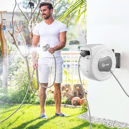 SILVEL 1/2 in x 130 FT Retractable Garden Hose Reel, Upgraded UV Resistant Heavy Duty Automatic Hose Reel Wall Mount with 10 Pattern Nozzle, Any Length Lock & Slow Return System, 180°Swivel Bracket