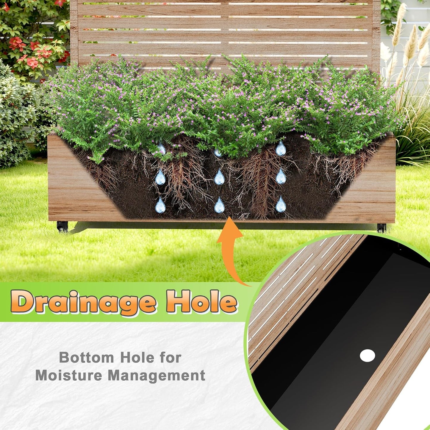 Metal Raised Garden Bed with Trellis, 2-in-1 Planter Box & Privacy Screen for Climbing Plants, Outdoor Standing Flower Bed with Drainage Holes, 47.2" L x 16.7" W x 70.8" H, Acacia Wood Grain