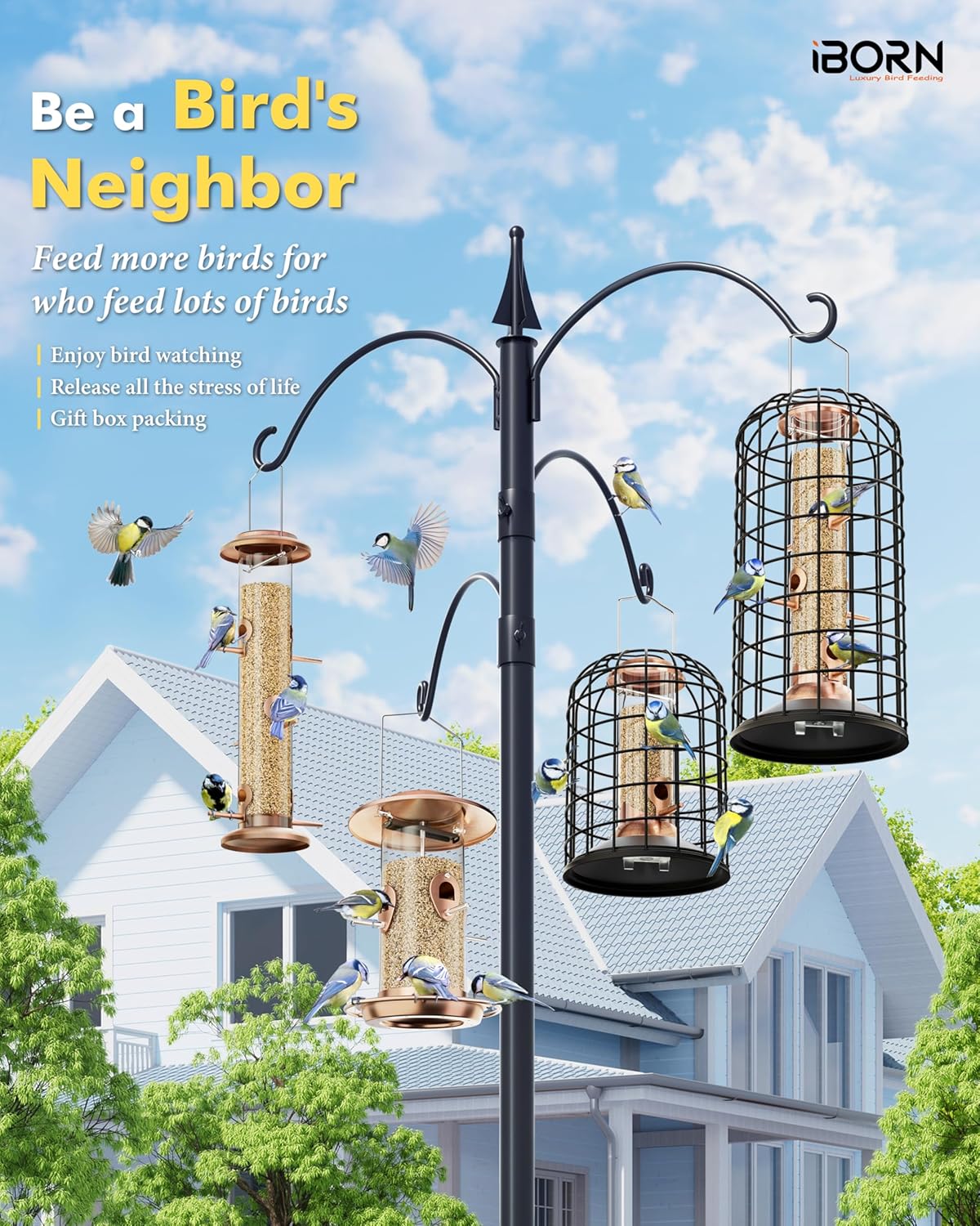 iBorn Squirrel Proof Bird Feeder - Pigeon Proof Cage for Outside With Pestoff Hanging Wild Bird Seed for Mix Blends - Heavy Duty All Metal Copper 14 Inch