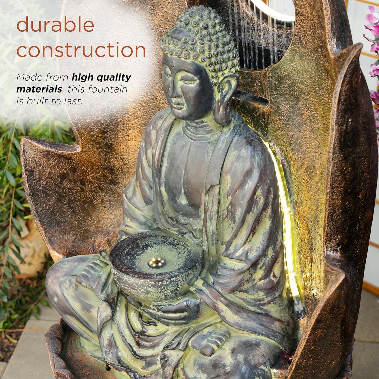 Alpine Corporation TZL420 59" Outdoor Buddha Fountain with LED Lights, Elegant Water Feature for Garden, Patio, Yard & Outdoor Spaces, Realistic Stone Look, Calming Waterfall for Relaxation, Brown