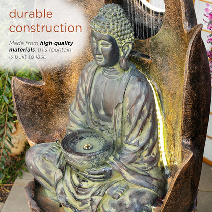 Alpine Corporation TZL420 59" Outdoor Buddha Fountain with LED Lights, Elegant Water Feature for Garden, Patio, Yard & Outdoor Spaces, Realistic Stone Look, Calming Waterfall for Relaxation, Brown