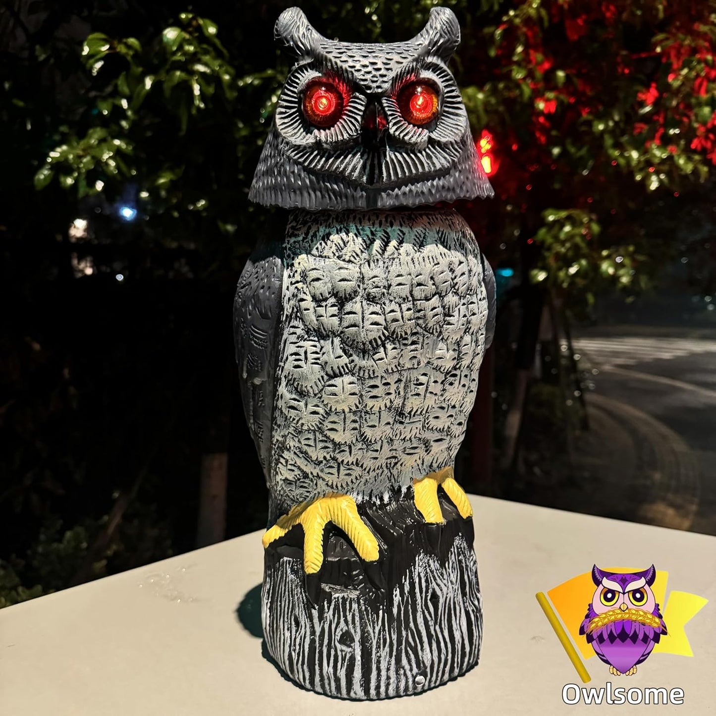 Owlsome Solar Owl with Colored Flashing Eyes, Rotating Head, Hoot Sound, Motion Detector and Silent Mode, Plastic Owl Garden Sculpture, Garden Decoration