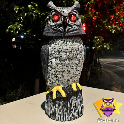 Owlsome Solar Owl with Colored Flashing Eyes, Rotating Head, Hoot Sound, Motion Detector and Silent Mode, Plastic Owl Garden Sculpture, Garden Decoration