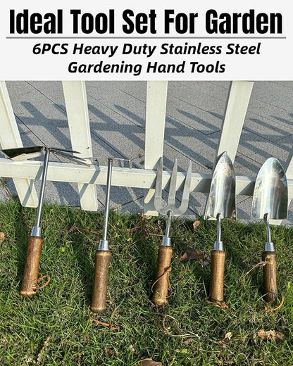 Garden Tool Set, 6PCS Heavy Duty Stainless Steel Gardening Hand Tools with Ropes, Including Trowel, Transplanter, 2-in-1 Hoe, Hand Fork, Hand Rake and Pruner, Ideal Gardening Gift for Man and Woman