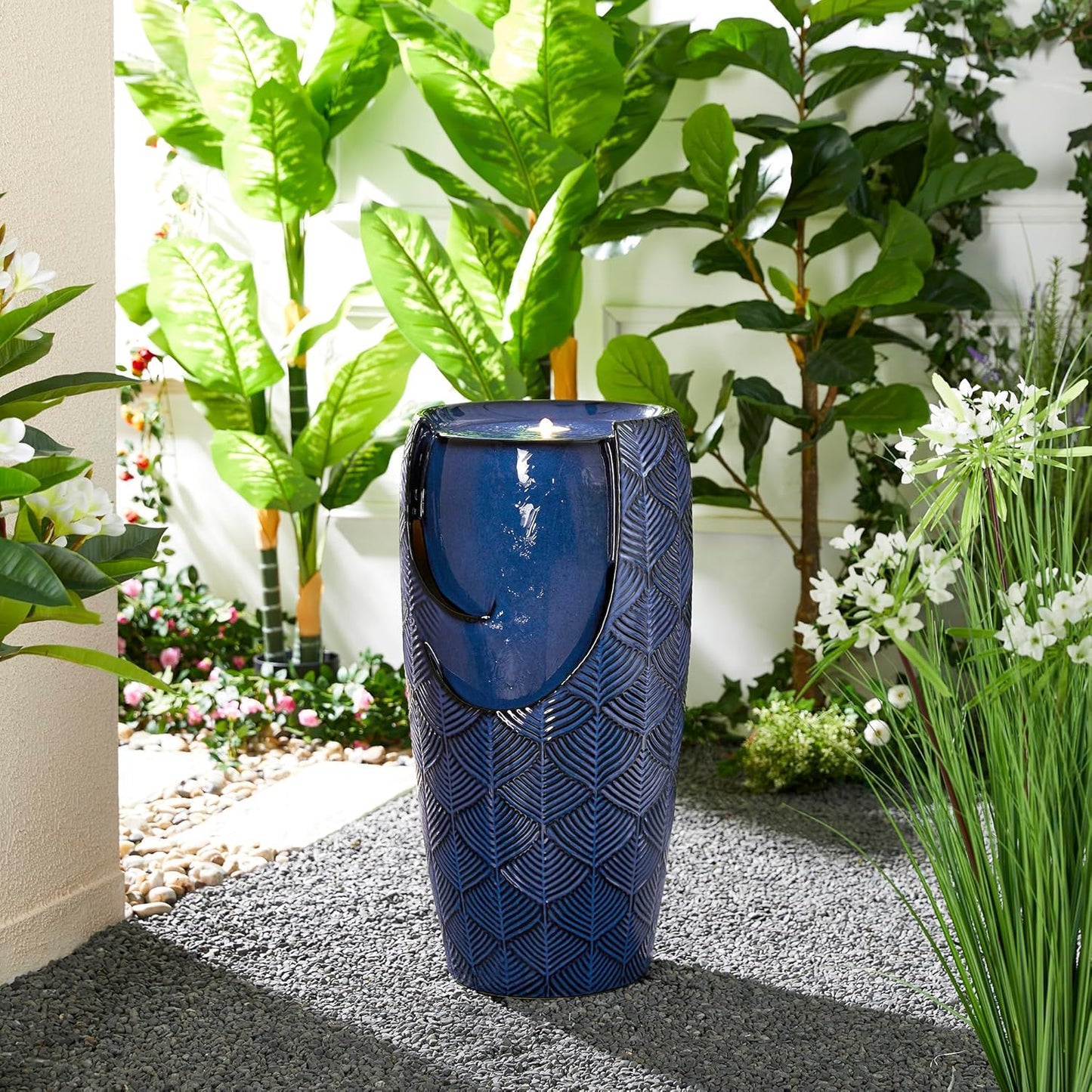 Glitzhome 29.25" H Oversized Ceramic Vase Outdoor Water Fountain, Tall Scale-Like Textured Glaze Patio Garden Water Fountain with LED Light and Submersible Pump Yard Art Decor, Cobalt Blue