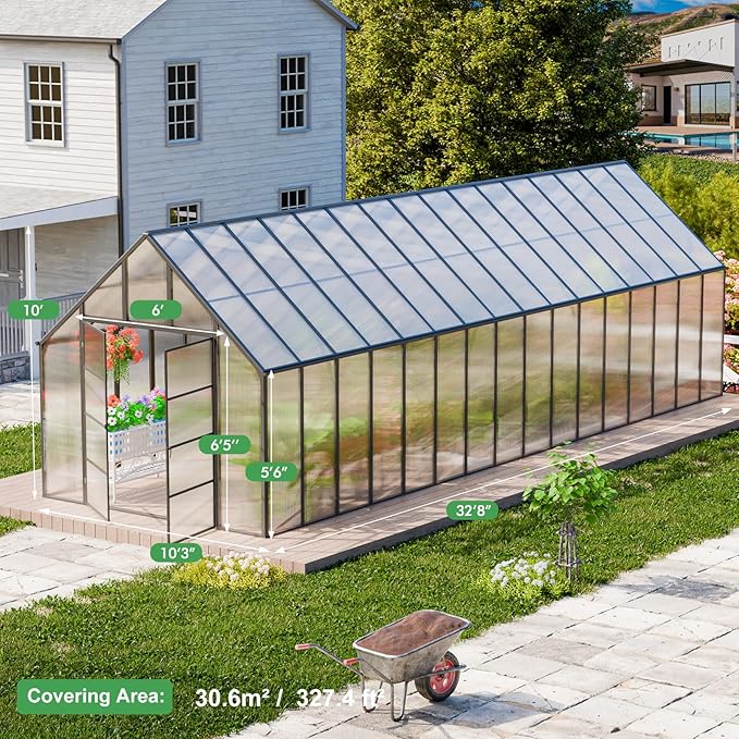 CDCASA 32x10x10 FT Greenhouse for Outdoors, Easy Assembly Large Thicker Aluminum Heavy Duty Polycarbonate Greenhouses Kit w/7 Windows, Outside Sunroom Walk-in Green House for Patio,Backyard
