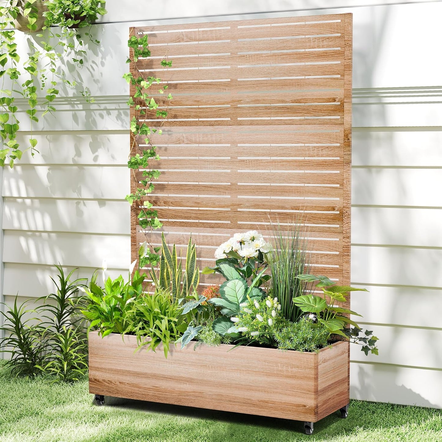 Raised Garden Bed with Trellis and Wheels,73"x35"x16" Metal Raised Garden Bed,Wood Finish Metal Planter with Climbing Trellis for Vines & Vegetables