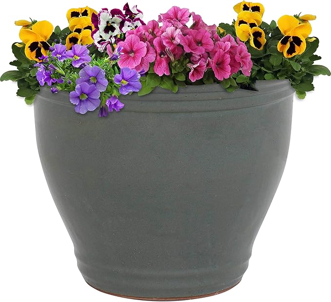 Sunnydaze Large Ceramic Plant Pot - Round Outdoor Glazed Ceramic Planter Pot with Drainage - Gray - Studio - 15"