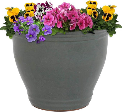 Sunnydaze Large Ceramic Plant Pot - Round Outdoor Glazed Ceramic Planter Pot with Drainage - Gray - Studio - 15"