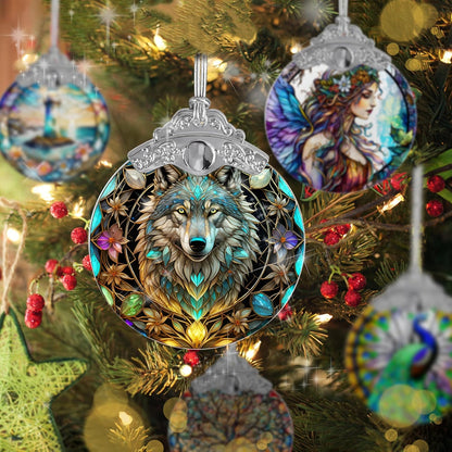 Stained Glass Suncatcher Hanging Ornament, Wolf Decor for Home, Christmas Ornament