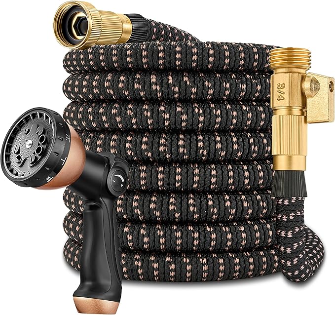 50 FT Garden Hose – 2025 Upgarded Expandable Garden Hose w/10 Pattern Thumb Spray Nozzle, 650psi Pure Brass 3/4” Fittings – Lightweight, Durable, and Kink-Free(Black Rose Gold)