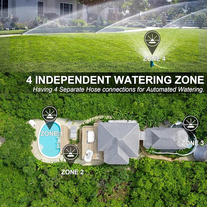 4 Zone Sprinkler Timer with Brass Inlet,Programmable Water Timer for Garden Hose with Rain Delay, Manual& Automatic Watering System,Programmable Digital for Lawn Yard,4 Zone