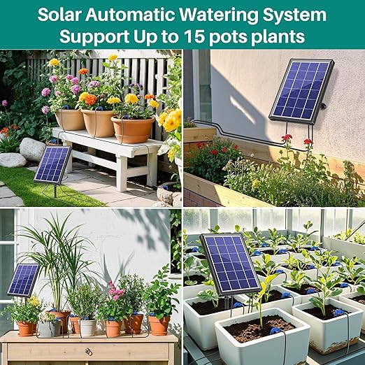 Biling 4W Solar Drip Irrigation System with Digital Programmable Smart Watering, 2200mAh Battery Backup for 15 Potted Plants Outdoor Indoor Garden