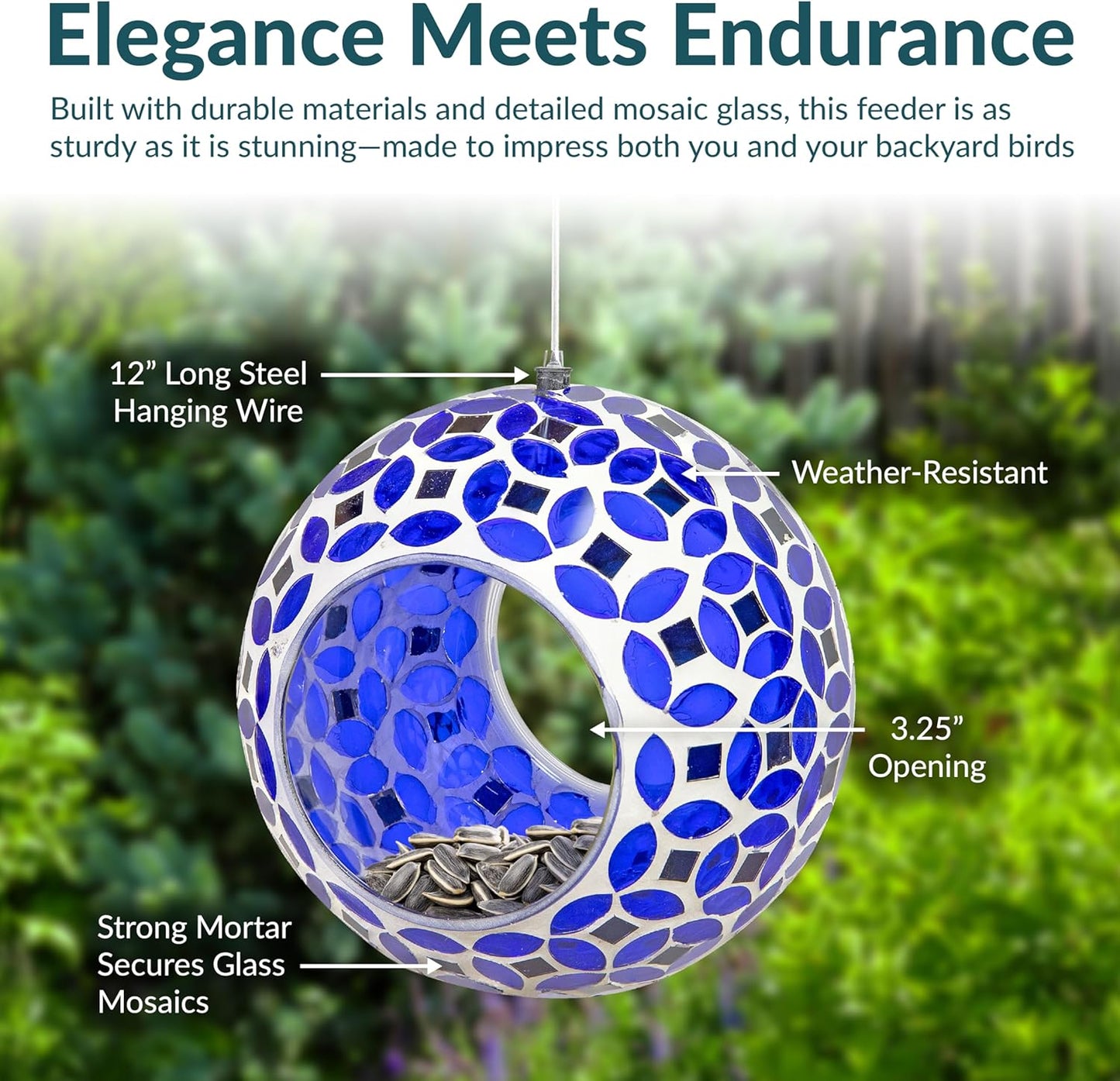 Sunnydaze 6-Inch Glass Mosaic Hanging Bird Feeder for Outdoors - Fly-Through Wild Bird Feeder - Lavender Mosaic