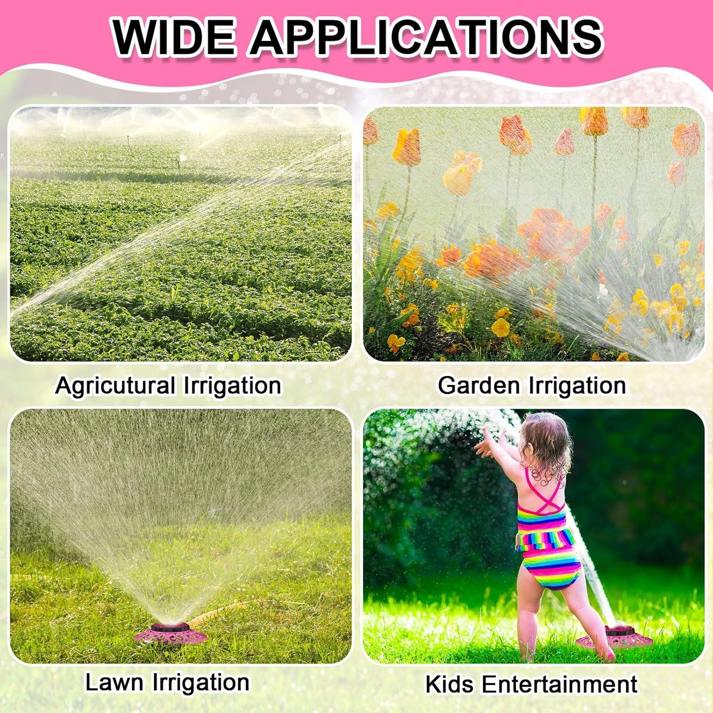 2 Pcs Lawn Sprinkler with Metal Decorative Base 8 Pattern Stationary Water Sprinkler Automatic Turret Pattern Sprinkler for Watering Yard, Lawns, Garden, Odd Shaped Areas (Pink)