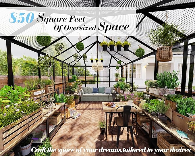 Jocisland 14x9.5x9 FT Polycarbonate Greenhouse with Clear Panels- 6 FT Wall Height Outdoor Aluminum Greenhouses with 2 Vents, Double Doors with Hook, Walk-in Greenhouse for Backyard Garden