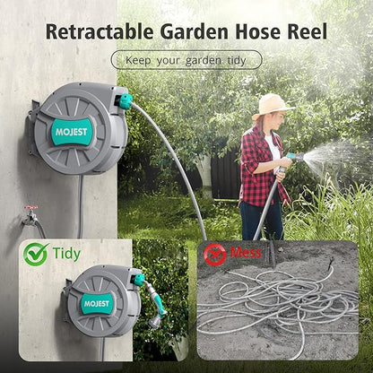 Retractable Garden Hose Reel - 1/2 in x 80 ft Wall Mounted Heavy Duty Water Hose Reel with Automatic Slow Rewind System, 180°Swivel Bracket, 2 Hose Nozzle, Dark Gray