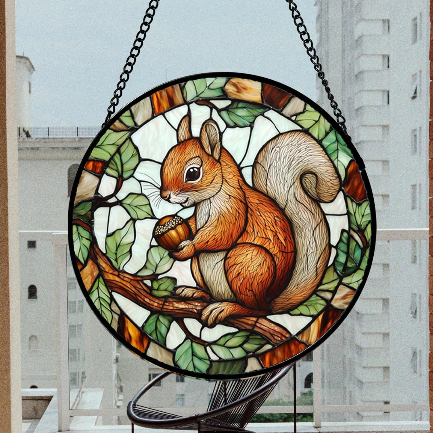 Stained Glass Window Hanging, Squirrel on a Branch Suncatcher Diamond Glass Panel Animal Sun Catchers Decor for Birthday for Women, Men, Wife, Aunt, and Mom 14.9x14.9 in