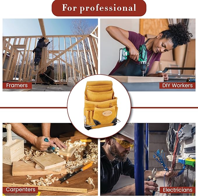 Style n Craft 10-Pocket Carpenter’s Nail & Tool Pouch, Heavy-Duty Leather Tool Pouch, Perfect and Durable Full-Grain Leather Pouch, Yellow with Black Leather Corners (#93923)