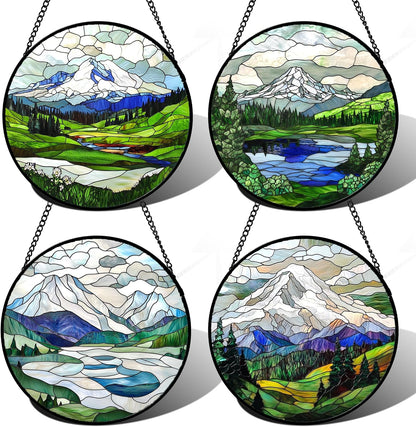 Stained Glass Window Hanging 4 Pcs Set Mountains Lake Green White Landscape Large 15" - Suncatcher Door Garden Sun Catcher Decor Birthday Christmas for Mom Woman Nana Men