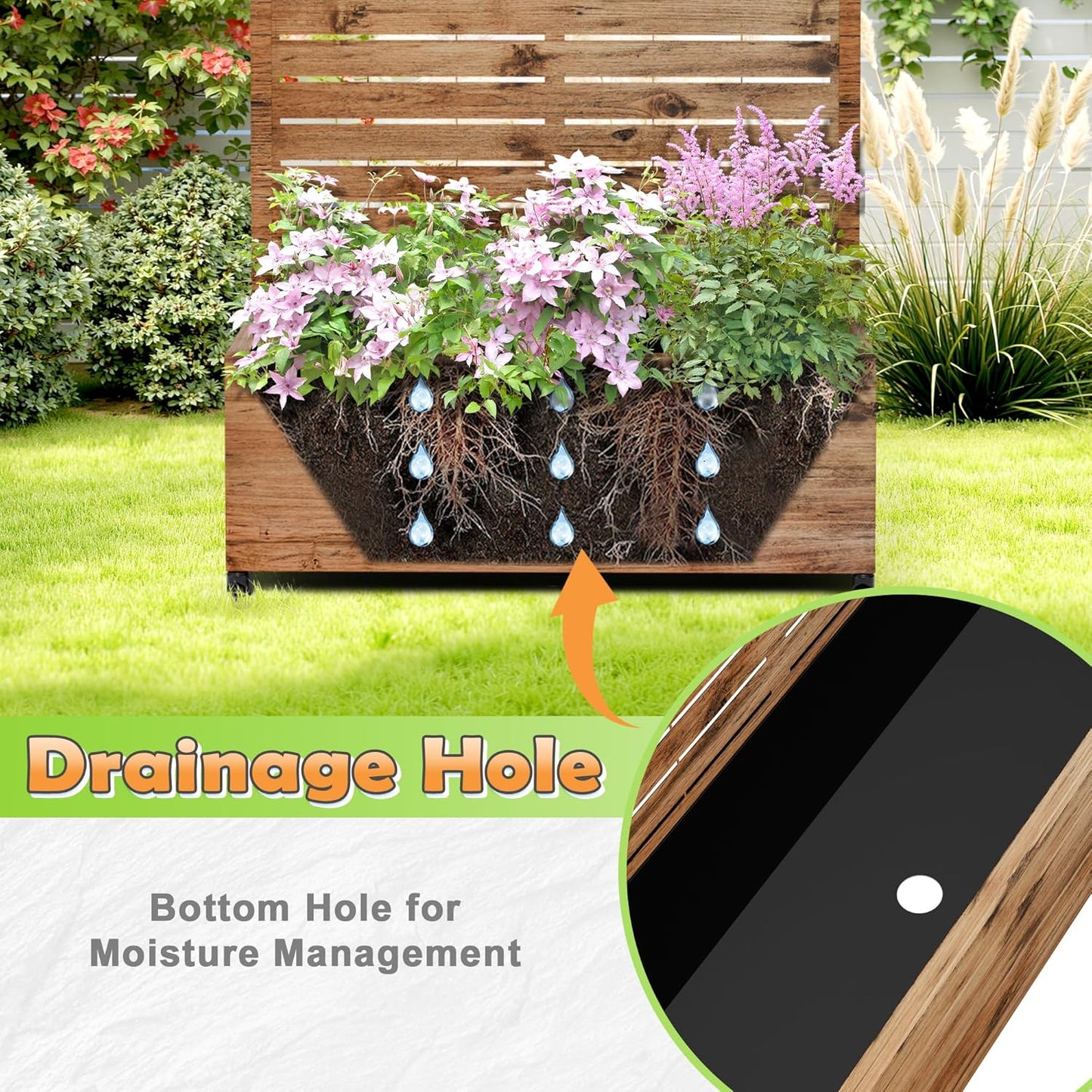 Metal Raised Garden Bed with Trellis, 2-in-1 Planter Box & Privacy Screen for Climbing Plants, Outdoor Standing Flower Bed with Drainage Holes, 35.4" L x 15.7" W x 70.1" H, Natural Wood Grain