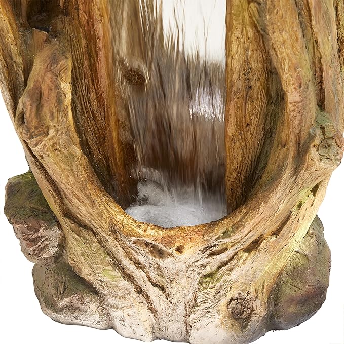 Alpine Corporation TZL338 Outdoor 3 Tier Waterfall Tree Trunk Floor Fountain with LED Lights for Patio, and Lawn Decor, 59 Inches Tall