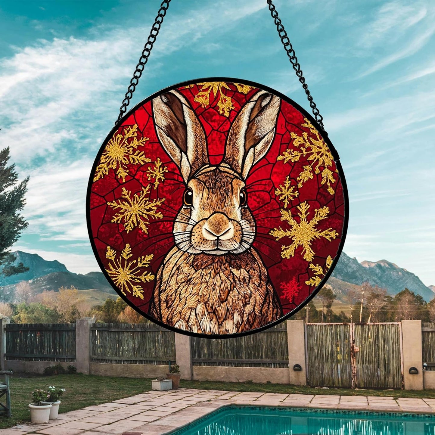 Stained Glass Window Hanging 4 Pcs Set Red Golden Snowflakes Large 15" - Christmas Elk Rabbit Suncatcher Door Garden Sun Catcher Decor Birthday for Mom Woman Nana Men