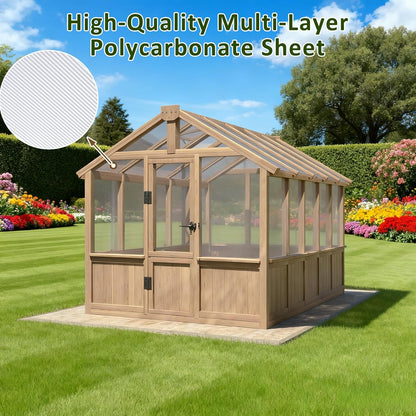 Greenhouse for Outdoor, 6x8ft-8x12ft Wooden WAK-in Greenhouse Kitwith 6MM Thick Polycarbonate Panel, Lockable Door & Adjustable Roof Vent ，Backyard Garden ﻿ (Light Mocha Brown, 8*10FT)