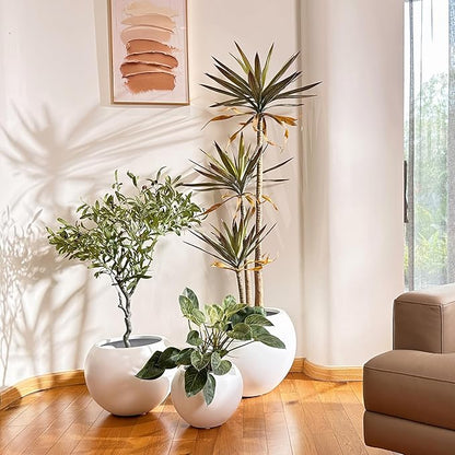 9.7" H x 12" D Globo Fiberstone Round Planter with Drainage Hole, Weather Resistant, Ribbed Finish, Planters for Indoor Plants & Outdoor, Extra Coco Mats (Speckled White, 7.8" Pot Opening)