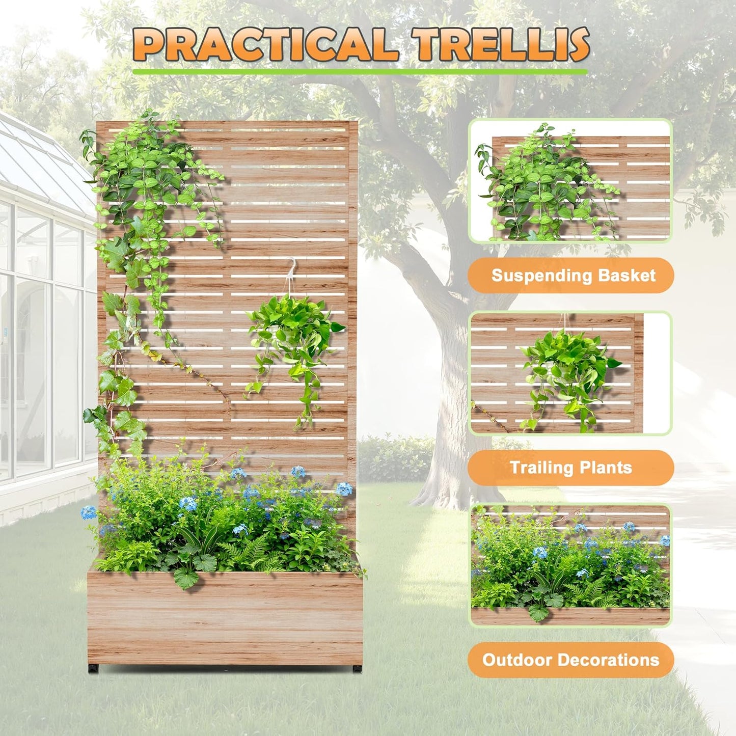 Metal Raised Garden Bed with Trellis, 2-in-1 Planter Box & Privacy Screen for Climbing Plants, Outdoor Standing Flower Bed with Drainage Holes, 35.4" L x 15.7" W x 70.1" H, Acacia Wood Grain