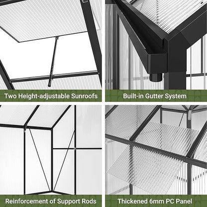 VIWAT T-Shape 12x12 FT Greenhouse for Outdoors, Polycarbonate Greenhouse with Quick Setup Structure, Double Roof Vents and Doors, Aluminum Walk-in Green House for Outside for Backyard Garden, Black