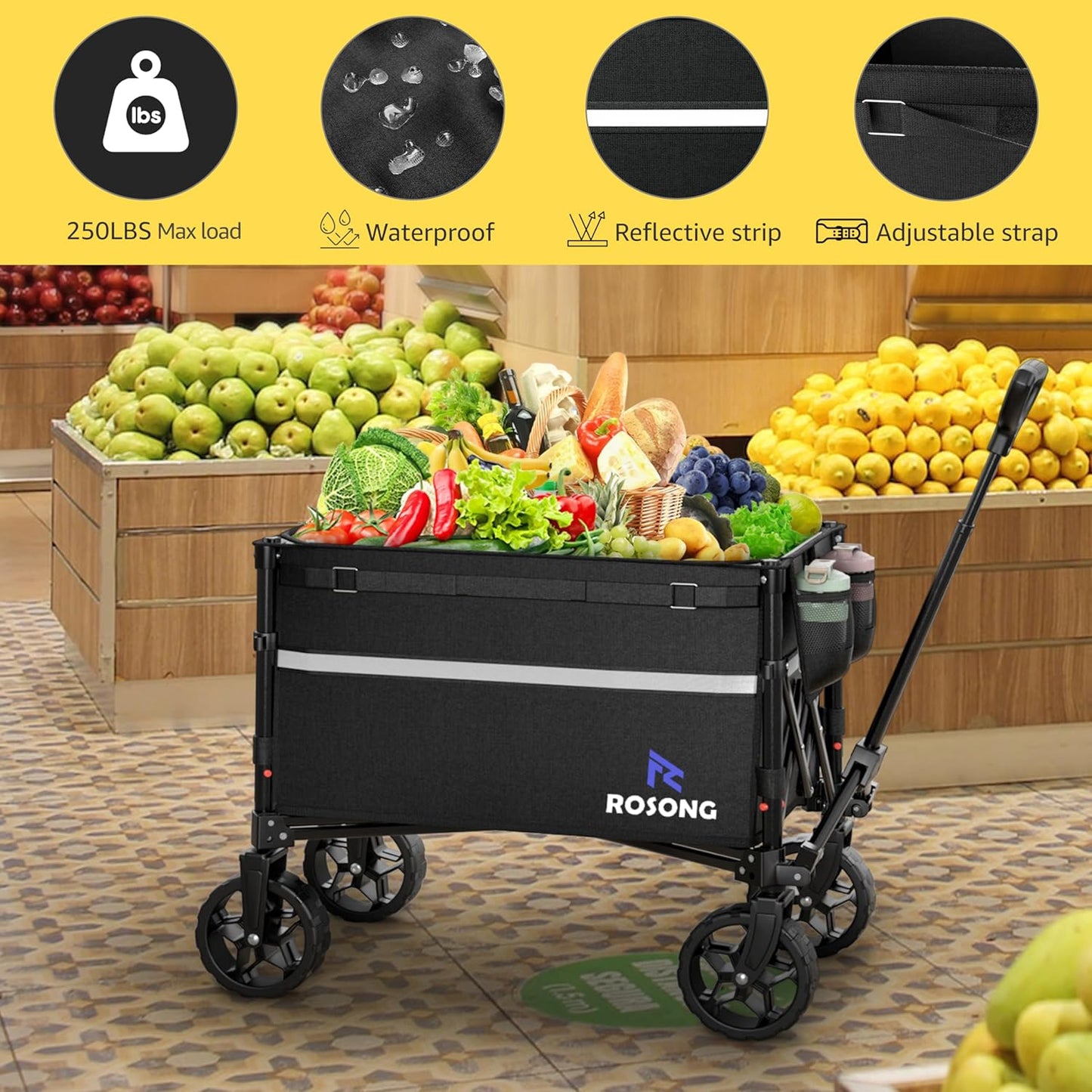 Collapsible Wagon Cart with Wheels Foldable - Folding Utility Heavy Duty Wagons Carts for Grocery Sports Garden Shopping Camping Wheelbarrows (Black, 120L)