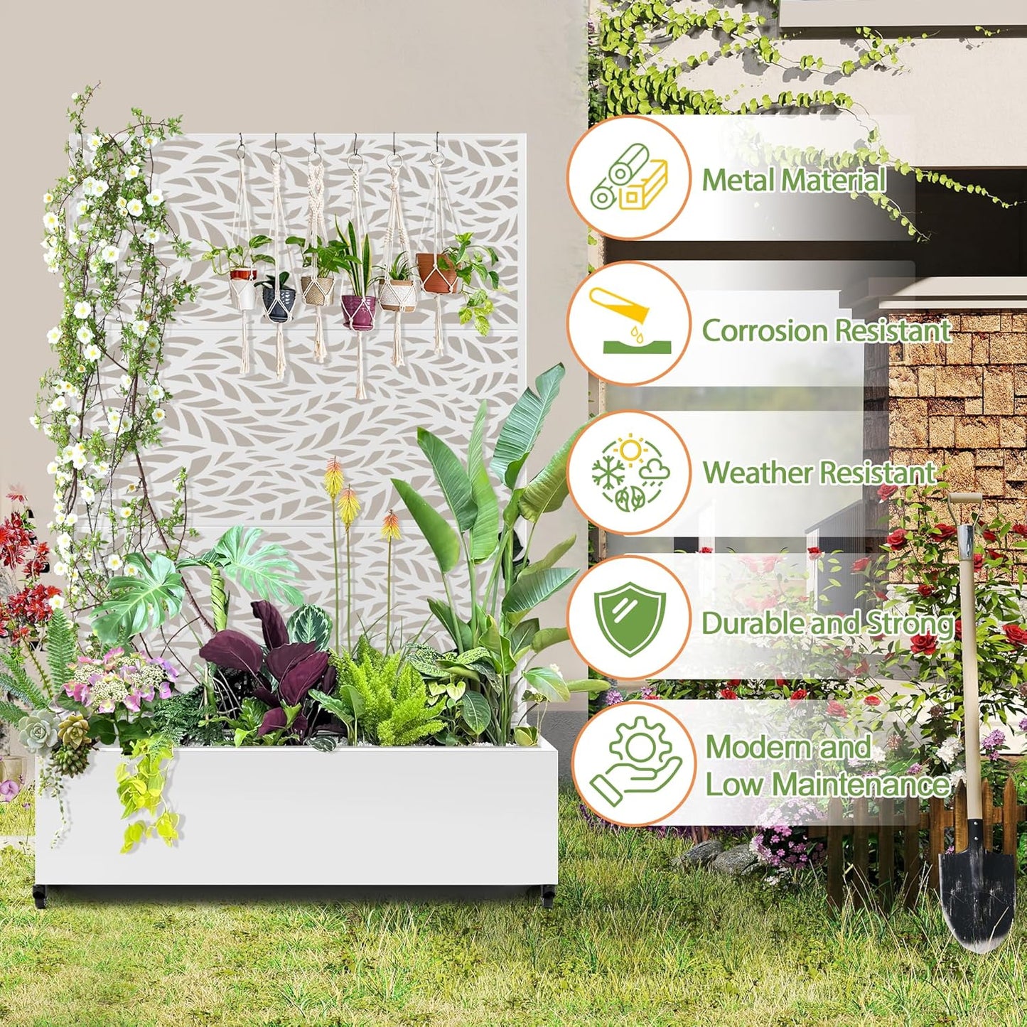 Raised Garden Bed with Trellis and Wheels,73"x47"x16" Metal Raised Garden Bed,White Flowing Leaf Metal Planter with Climbing Trellis for Vines & Vegetables