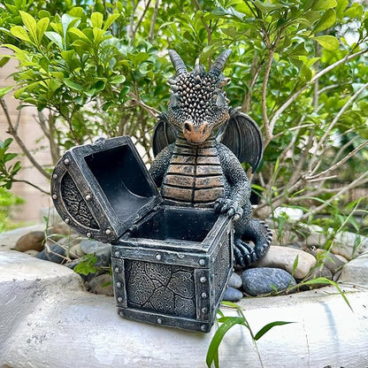 Garden Dragon Statue Solar Powered Outdoor Figurine Light Decor Cute and Hold Glowing Treasure Chest Resin Sculpture Home Decoration for Porch Patio Lawn Farm Yard Housewarming Ornament Gift
