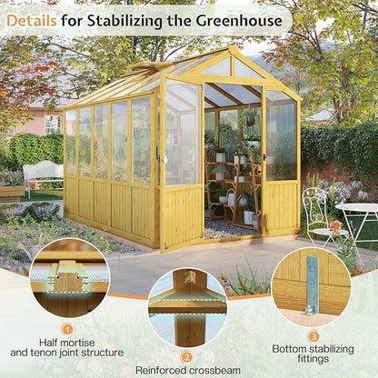 Jocisland 6x8x6.5 Ft Wooden Greenhouse, Pre-Assembled Solid Cedar Frame, Walk-in Design, Lockable Door, Adjustable Roof Vents, Polycarbonate Panels for Outdoor, Garden, Backyard