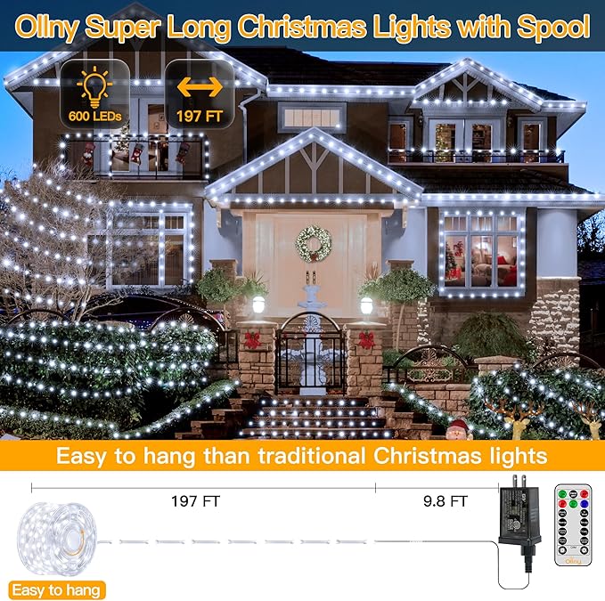 Ollny Christmas Lights Cool White, 600LED 197FT Christmas Tree Lights IP67 Waterproof, Plug in Fairy Lights with Remote 8 Modes Timer, Xmas Light for Outdoor Indoor House Holiday Decor