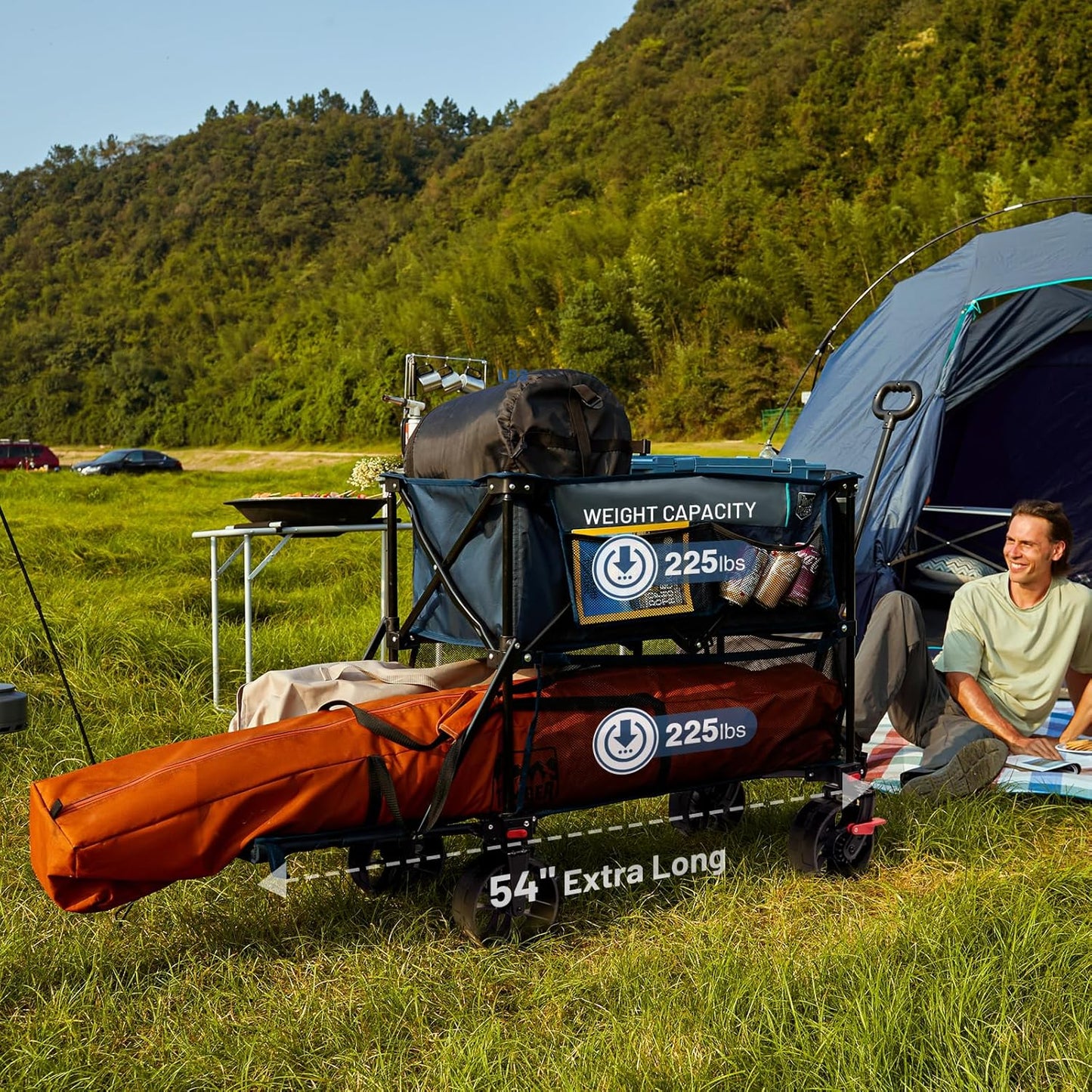 TIMBER RIDGE 400L Large Capacity Folding Double Decker Wagon with Brakes, 54" Extra Long Extender Wagon Cart, 450lbs Heavy Duty Collapsible Cart, All-Terrain Big Wheels for Camping, Sports, Shopping