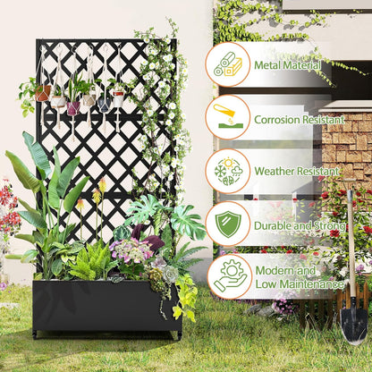 Metal Planter Trellis Box with Wheels & Drain Plug Outdoor Raised Garden Bed Patio Privacy Screen with Planter for Climbing Plants, Vegetables 73"x35"x16" Black-Diamond