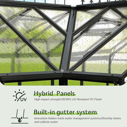 AMERLIFE 12x10x8 FT Hybrid Polycarbonate Walk-in Greenhouse for Outdoors, Aluminum Frame with Quick-Connect Assembly, Double Doors, Ventilation for Backyard Garden, Black
