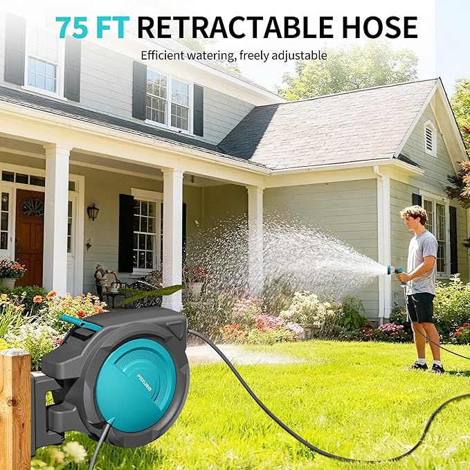 5/8" 75FT Retractable Garden Hose Reel, Wall Mounted Automatic Hose Reel with Upgraded 10 Pattern Nozzle/Any Length Lock/Slow Return System/180°Swivel Bracket, AquaBlue