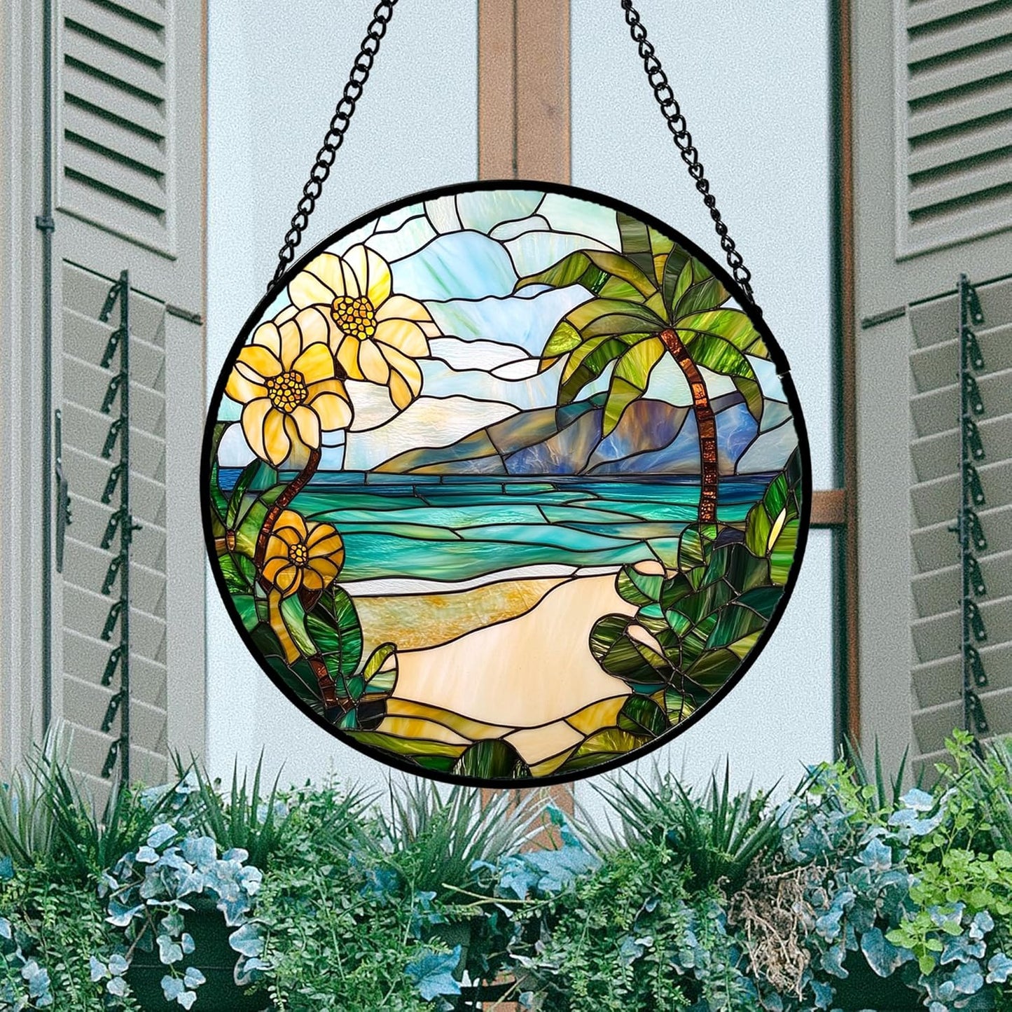 Stained Glass Window Hanging 4 Pcs Set Blue Ocean Coconut Tree Scenery Large 15" - Suncatcher Door Garden Sun Catcher Decor Birthday Christmas for Mom Woman Nana Men