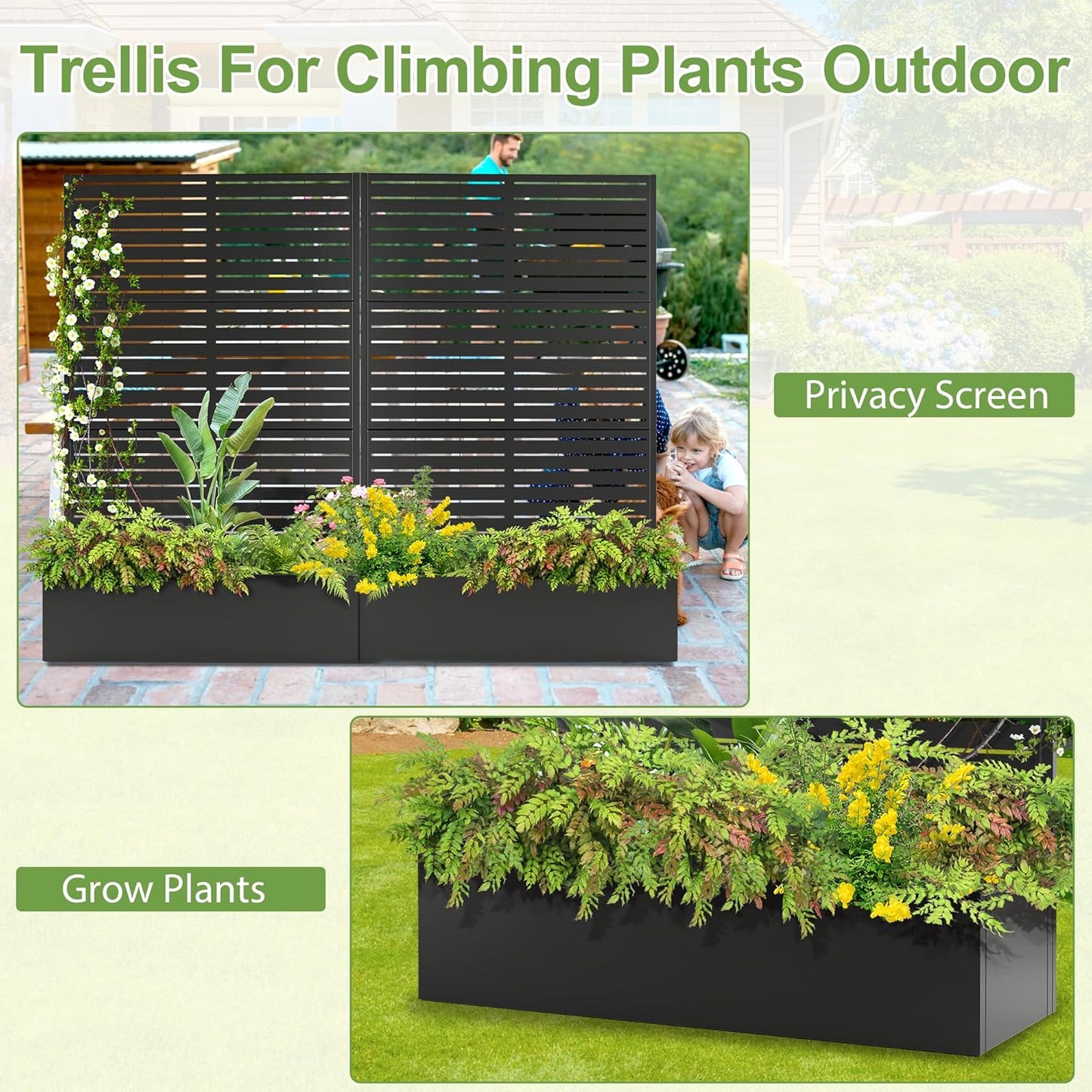 Trellis for Climbing Plants Outdoor，Mental Garden Bed with Drainage Holes Outdoor Privacy Screen Design Tall planters for herb Flower Vegetables 73"x47"x16", Black-Louvered