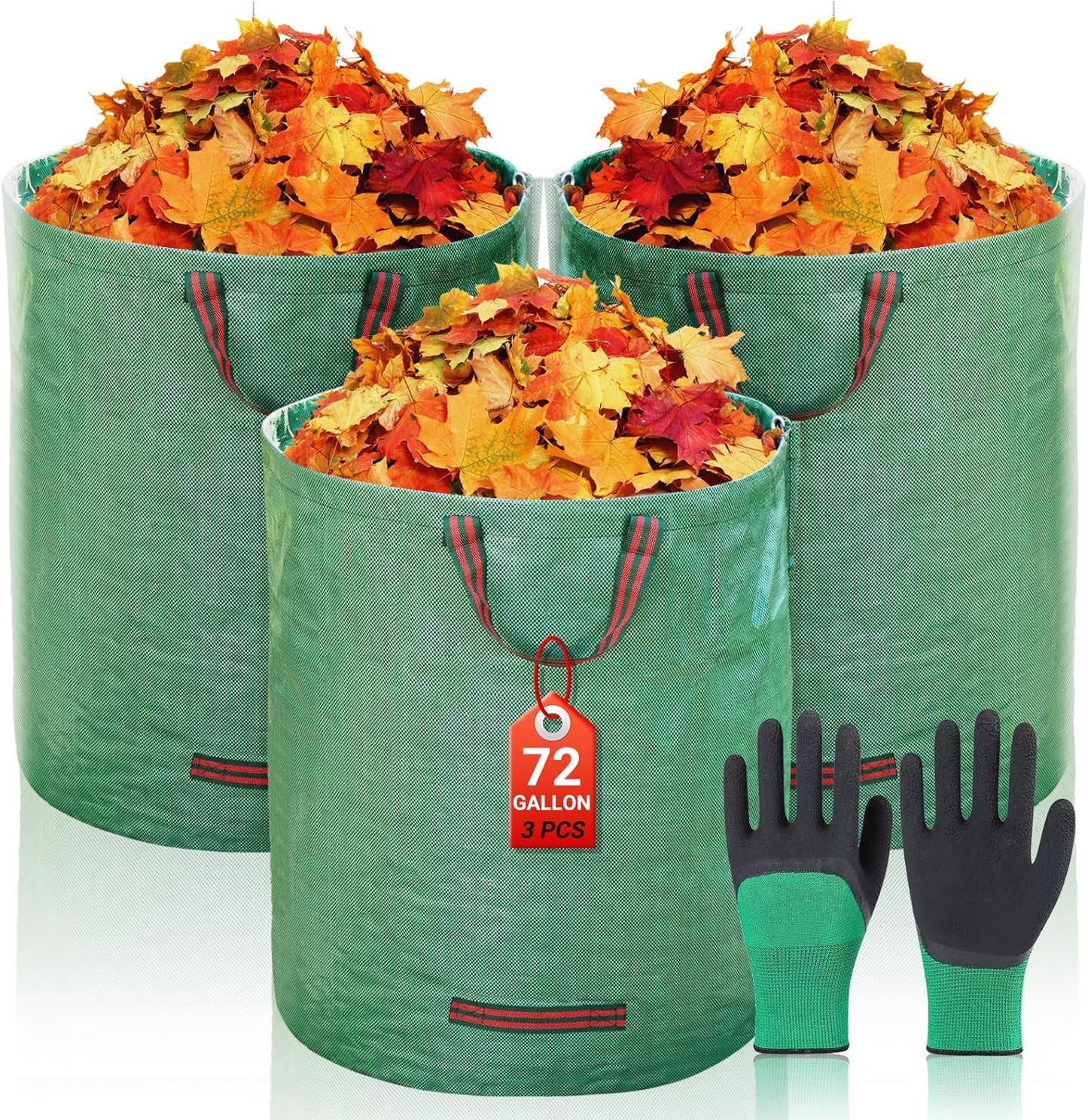 72 Gallon Yard Waste Bags, Reusable Heavy Duty Collapsible Garden Leaf Bags with Plastic Ring, Garden Waste Container for Clean Up Outdoor Debris Leaves Grass Clippings (Green, 3 Pack)