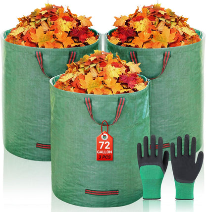 72 Gallon Yard Waste Bags, Reusable Heavy Duty Collapsible Garden Leaf Bags with Plastic Ring, Garden Waste Container for Clean Up Outdoor Debris Leaves Grass Clippings (Green, 3 Pack)