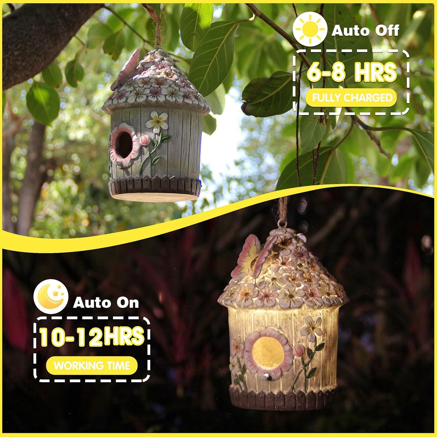 Hanging Bird House for Outdoor with Solar Light, Nesting Box Garden Resin Decor, Pet Cottage Birdhouse with Pole Decoration for Small Hummingbird Blue Bird Sparrow Chickadee